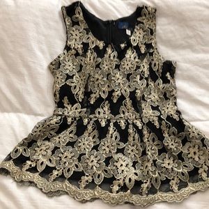 NWOT GOLD EMBROIDERED LACE BLACK PEPLUM BLOUSE